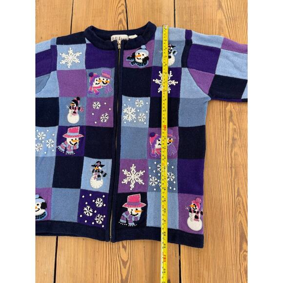 Vintage Ugly Christmas Sweater Zip Up Cardigan Snowman Purple Blue Small - Picture 2 of 7